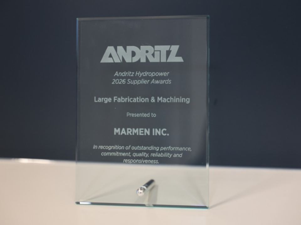 Marmen remporte le prix du fournisseur 2026 pour la fabrication et l’usinage de grande dimension, décerné par Andritz Hydropower